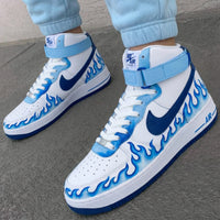 Custom AF 1s Shoes with Blue Flame Baby Blue Navy
