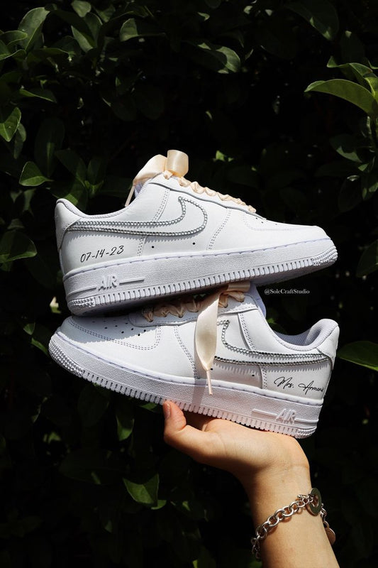 Custom AF 1s Shoes with Bow and Personalized Inscriptions Cream