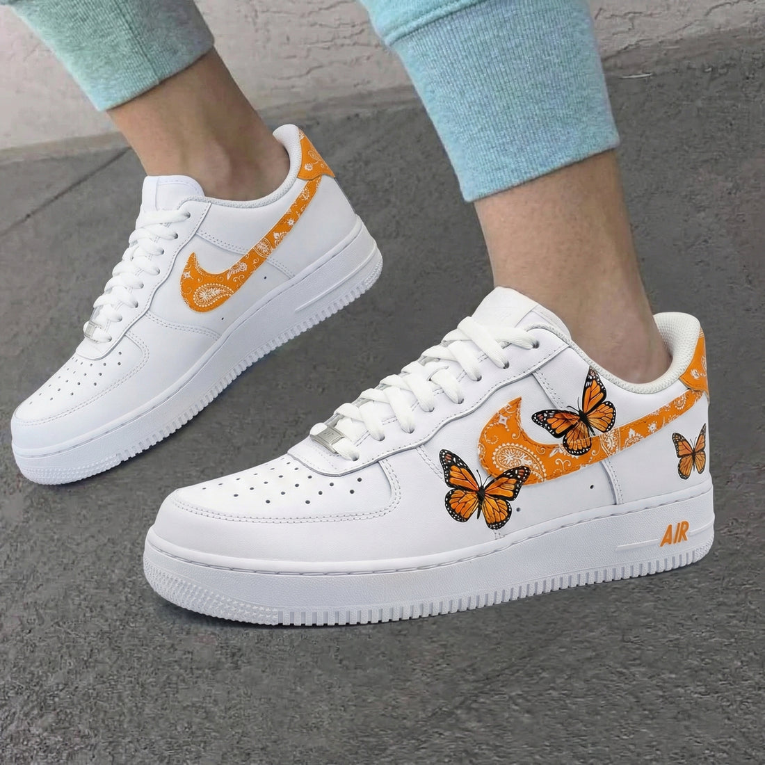 Custom AF 1s Shoes with Butterflies and Bandana Orange
