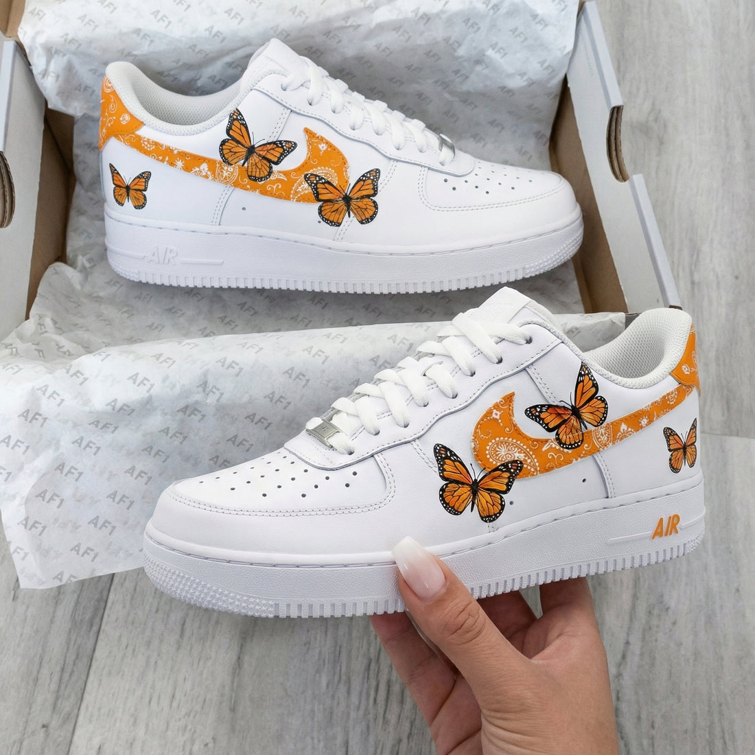 Custom AF 1s Shoes with Butterflies and Bandana Orange