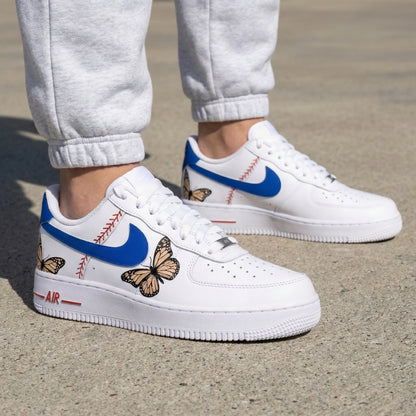 Custom AF 1s Shoes with Butterflies and Baseball Design Blue Red