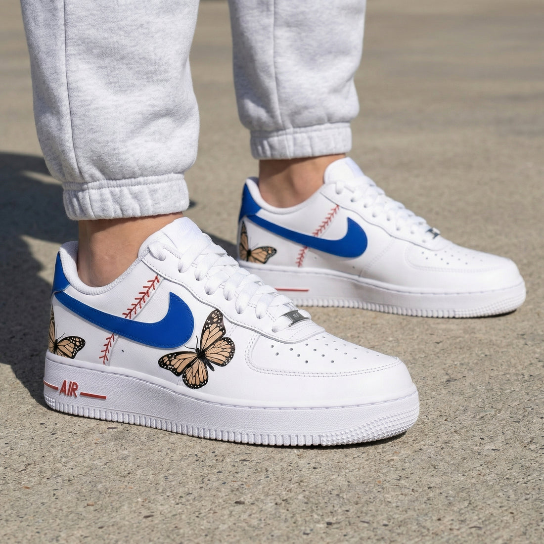 Custom AF 1s Shoes with Butterflies and Baseball Design Blue Red