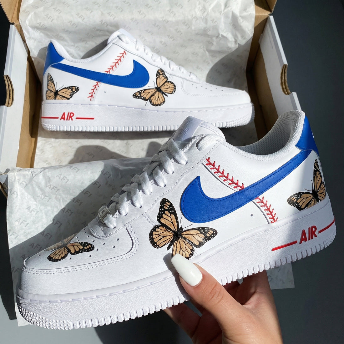 Custom AF 1s Shoes with Butterflies and Baseball Design Blue Red