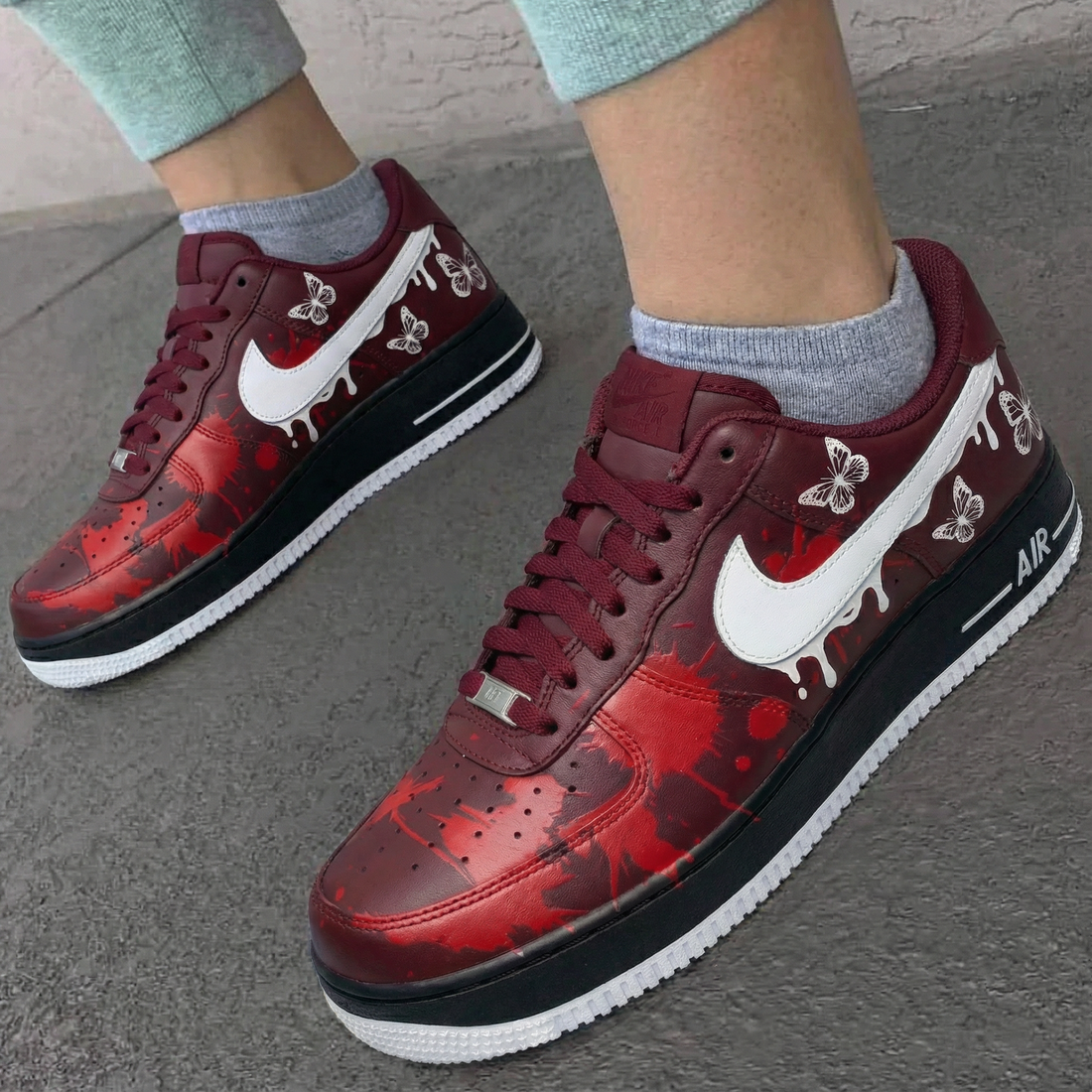 Custom AF 1s Shoes with Butterflies and Blood - Splatter Maroon Red White
