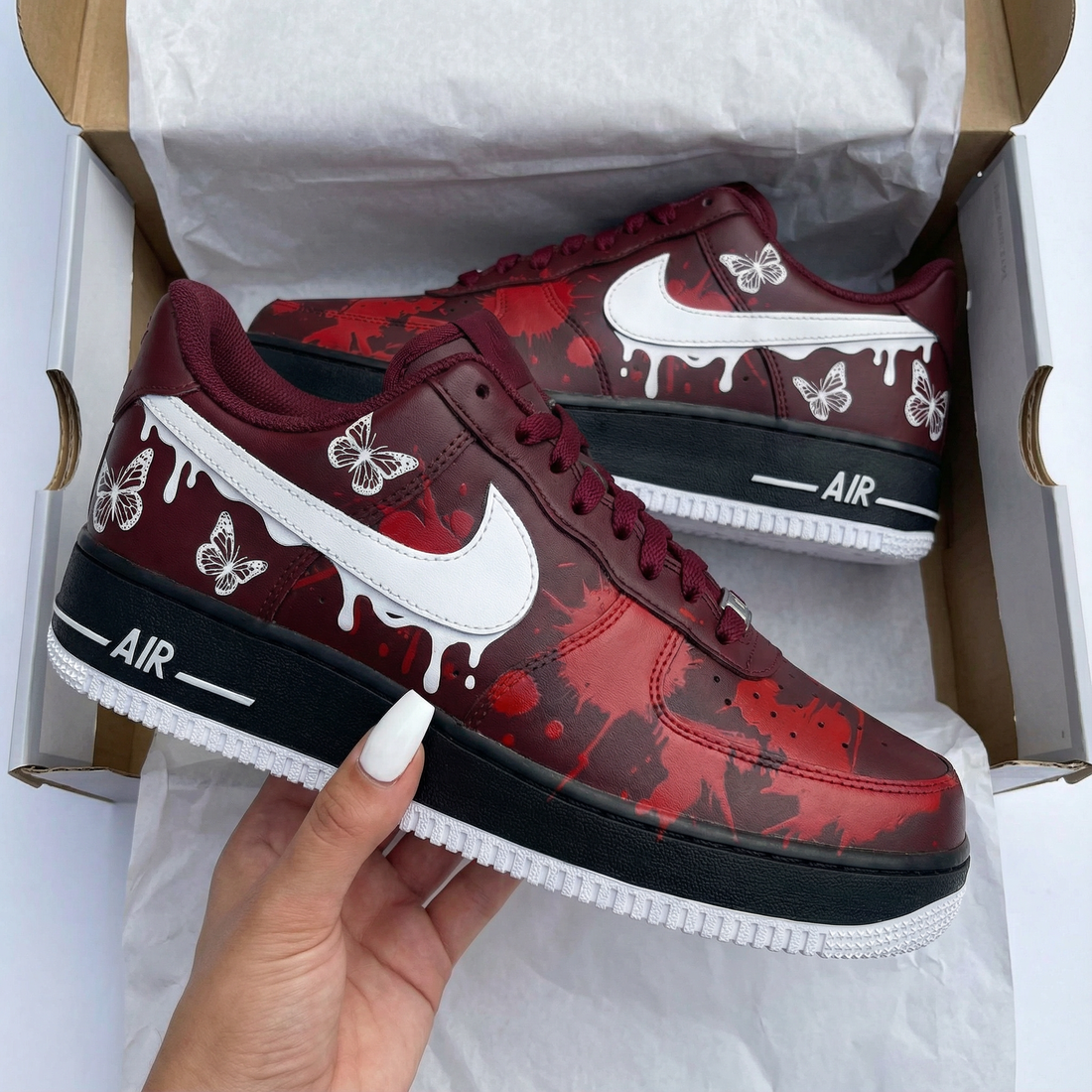 Custom AF 1s Shoes with Butterflies and Blood - Splatter Maroon Red White