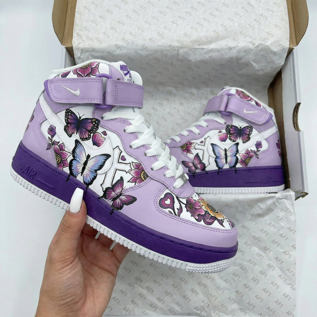 Custom AF 1s Shoes with Butterflies and Flowers Baby Purple