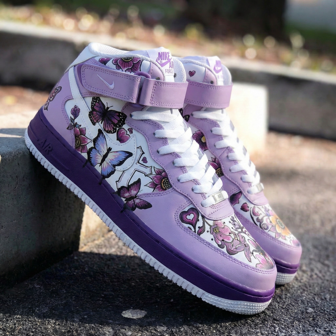 Custom AF 1s Shoes with Butterflies and Flowers Baby Purple