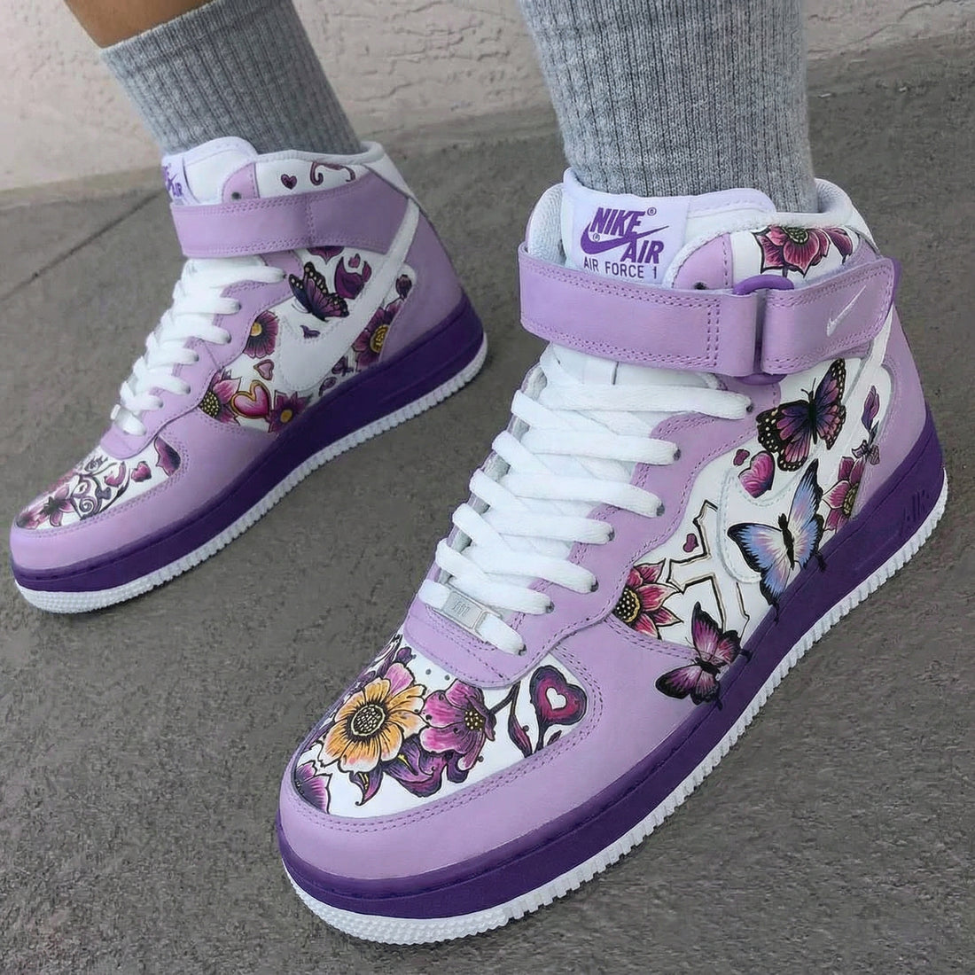 Custom AF 1s Shoes with Butterflies and Flowers Baby Purple