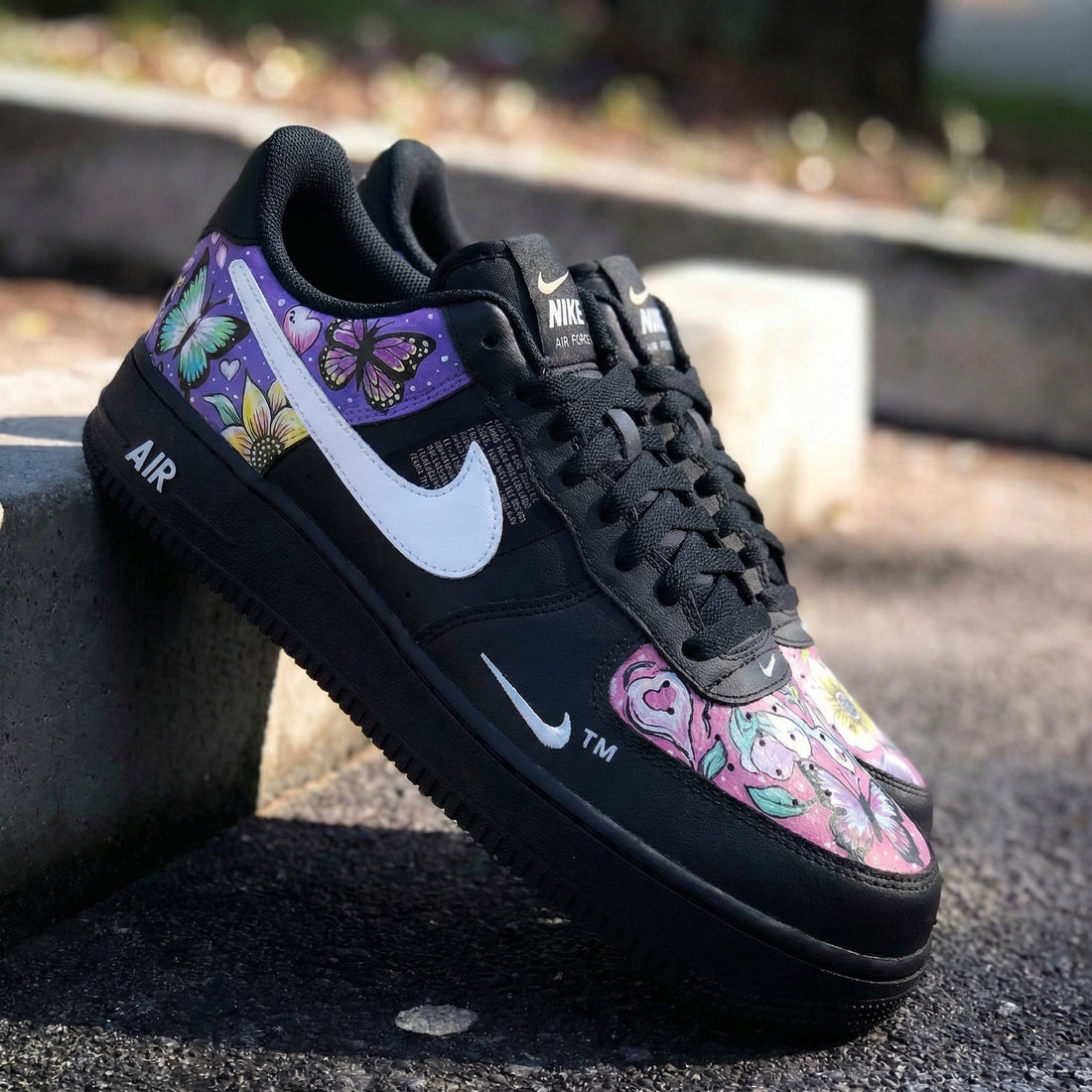 Custom AF 1s Shoes with Butterflies and Flowers Black Pink Purple