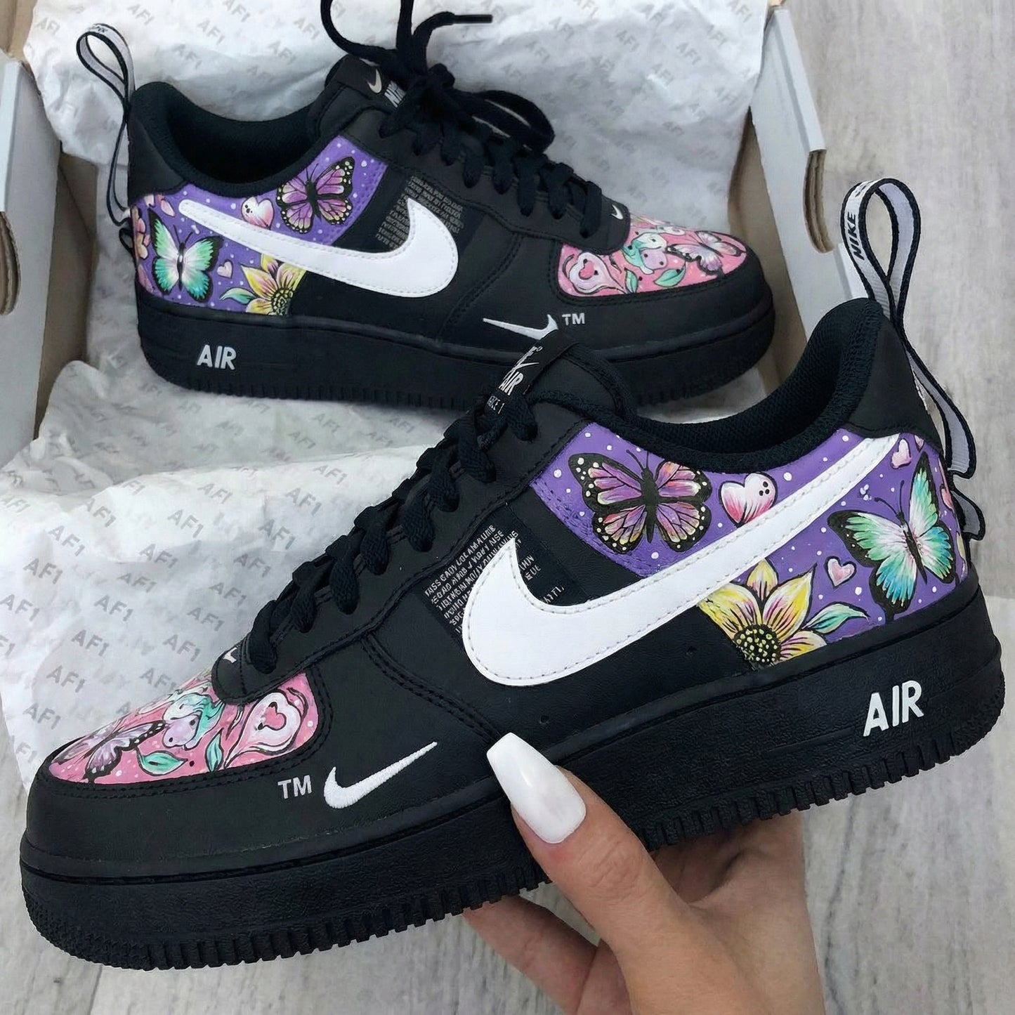 Custom AF 1s Shoes with Butterflies and Flowers Black Pink Purple