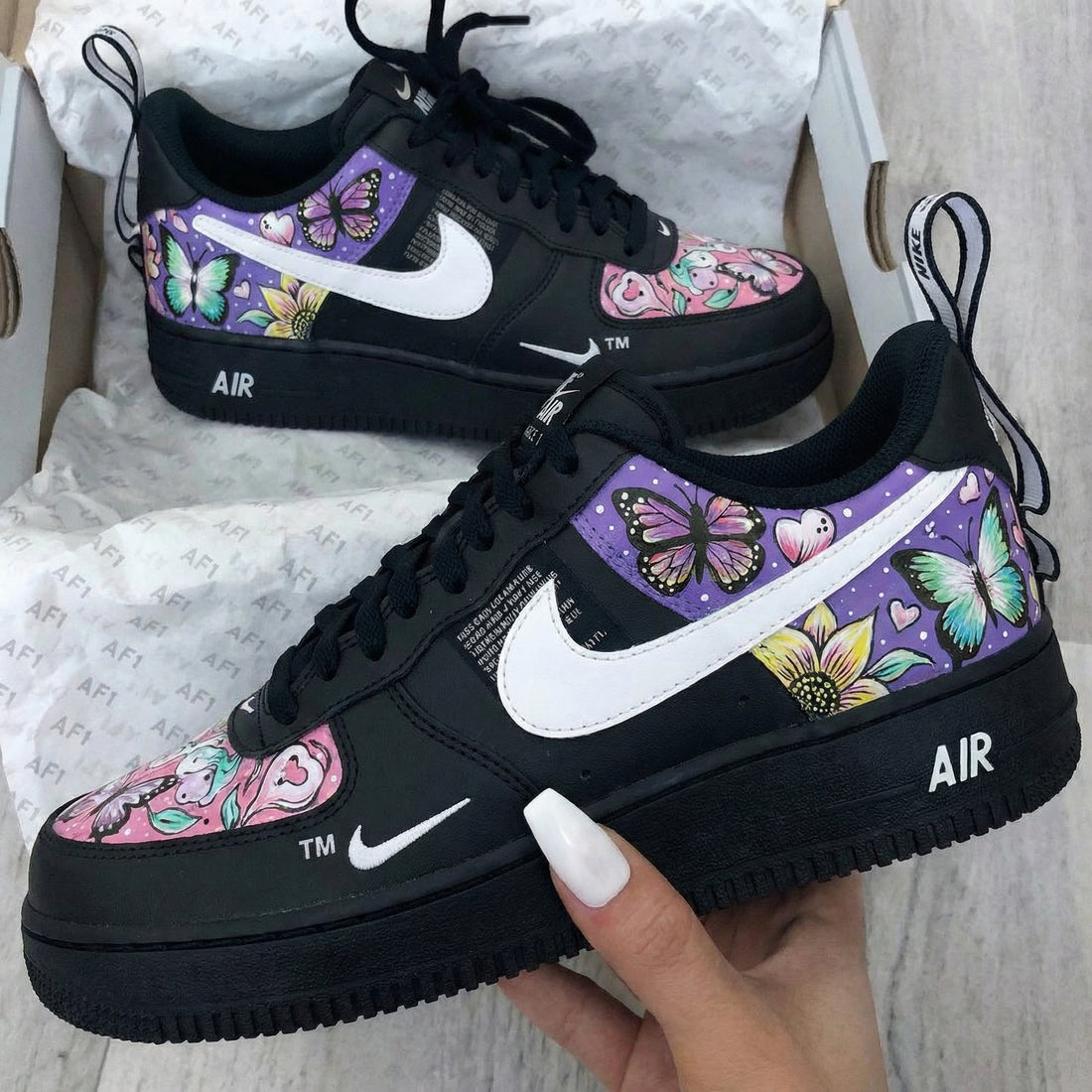 Custom AF 1s Shoes with Butterflies and Flowers Black Pink Purple