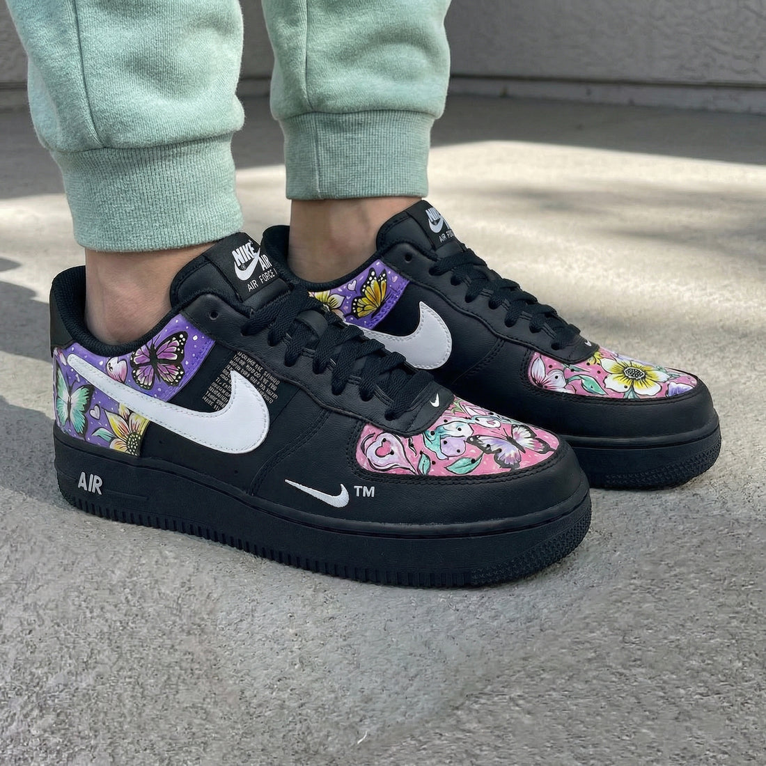 Custom AF 1s Shoes with Butterflies and Flowers Black Pink Purple