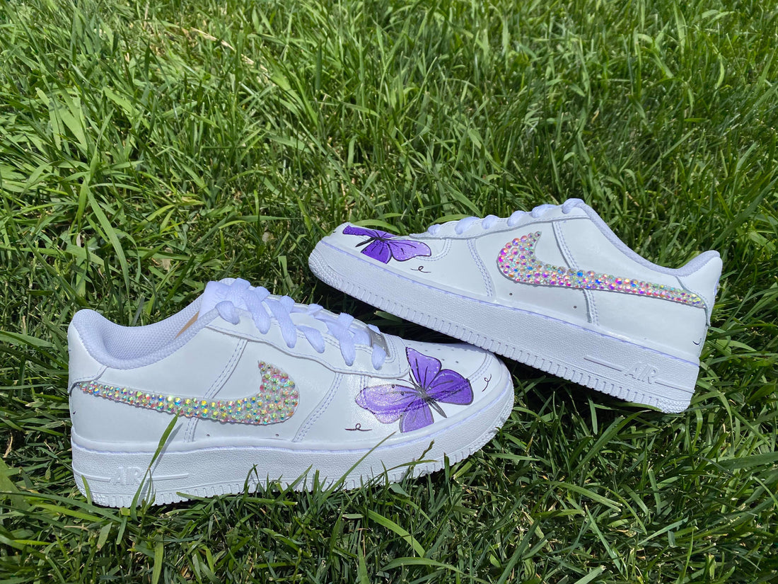 Custom AF 1s Shoes with Butterflies and Glitter Purple