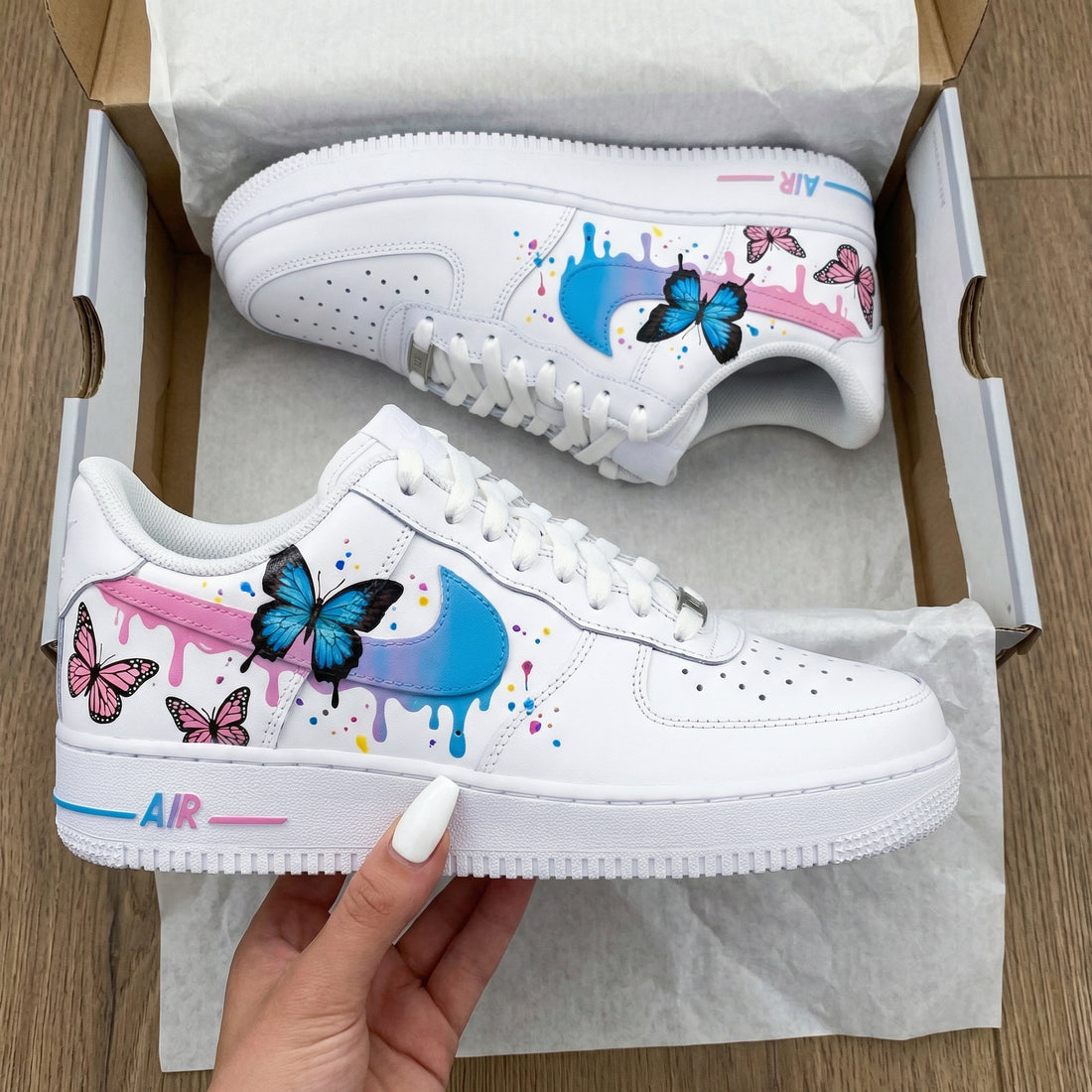 Custom AF 1s Shoes with Butterflies and Pink Blue Color