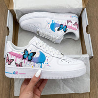 Custom AF 1s Shoes with Butterflies and Pink Blue Color