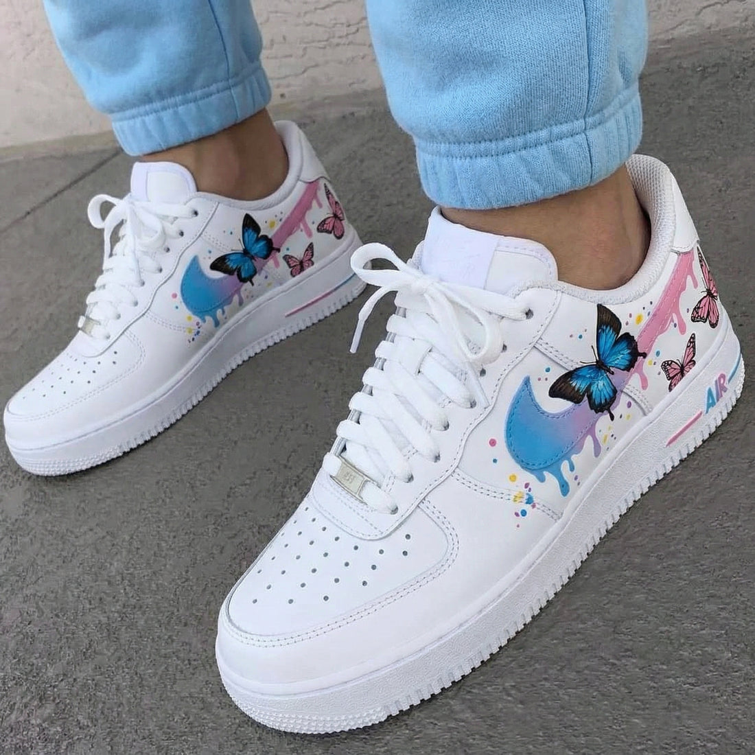 Custom AF 1s Shoes with Butterflies and Pink Blue Color