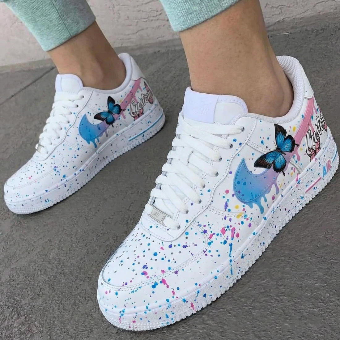 Custom AF 1s Shoes with Butterflies and Pink Blue Splashes