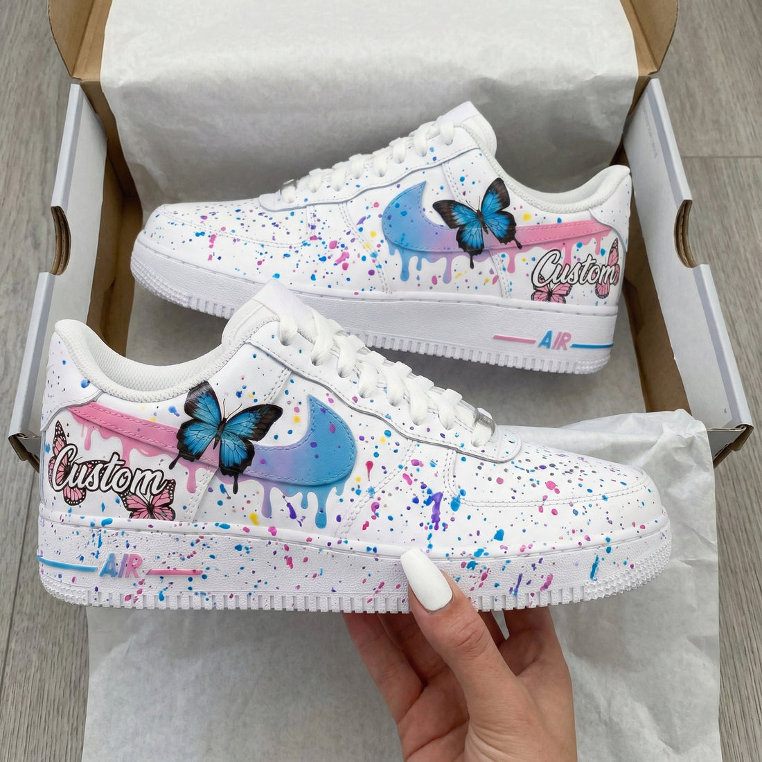Custom AF 1s Shoes with Butterflies and Pink Blue Splashes
