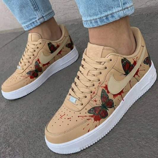 Custom AF 1s Shoes with Butterflies and Red Splashes Beige