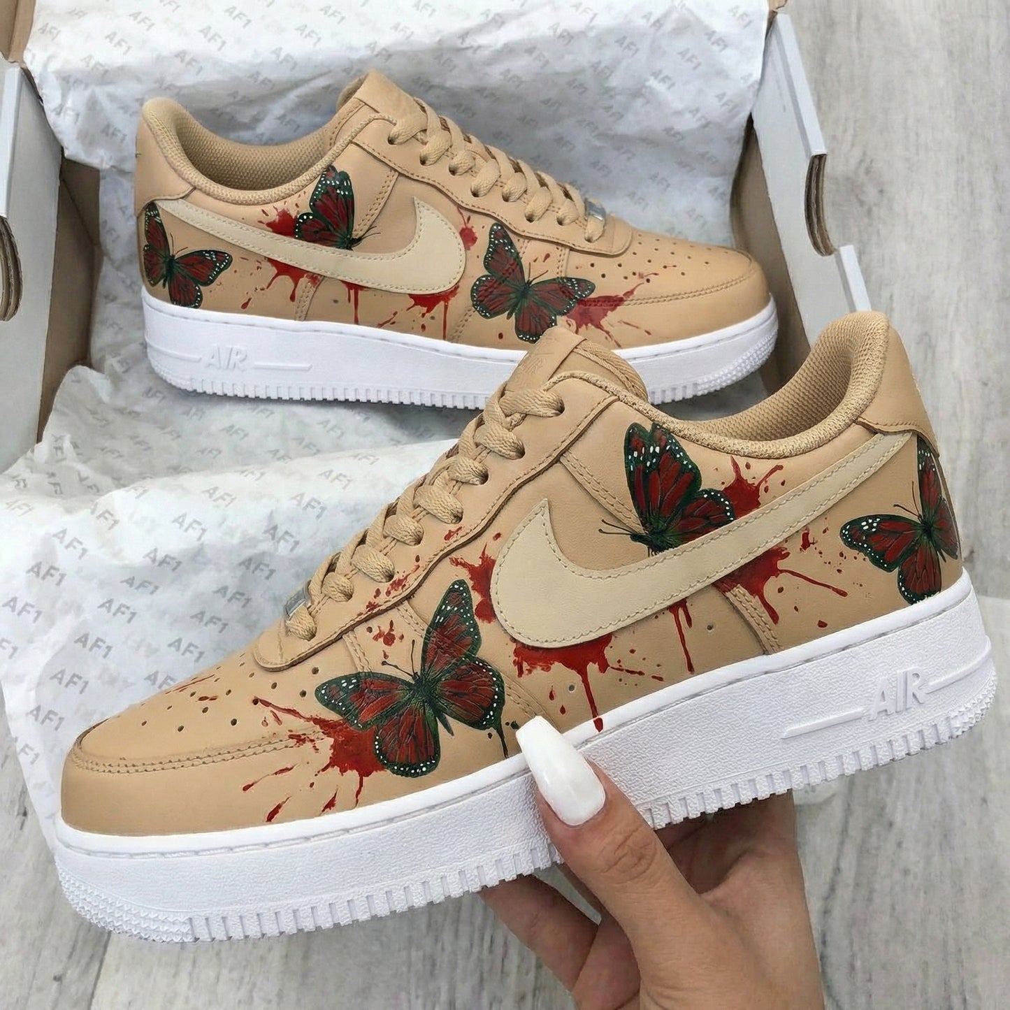 Custom AF 1s Shoes with Butterflies and Red Splashes Beige