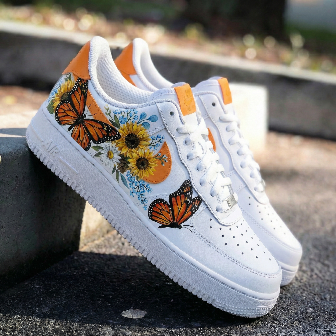 Custom AF 1s Shoes with Butterflies and Sunflowers Orange Blue