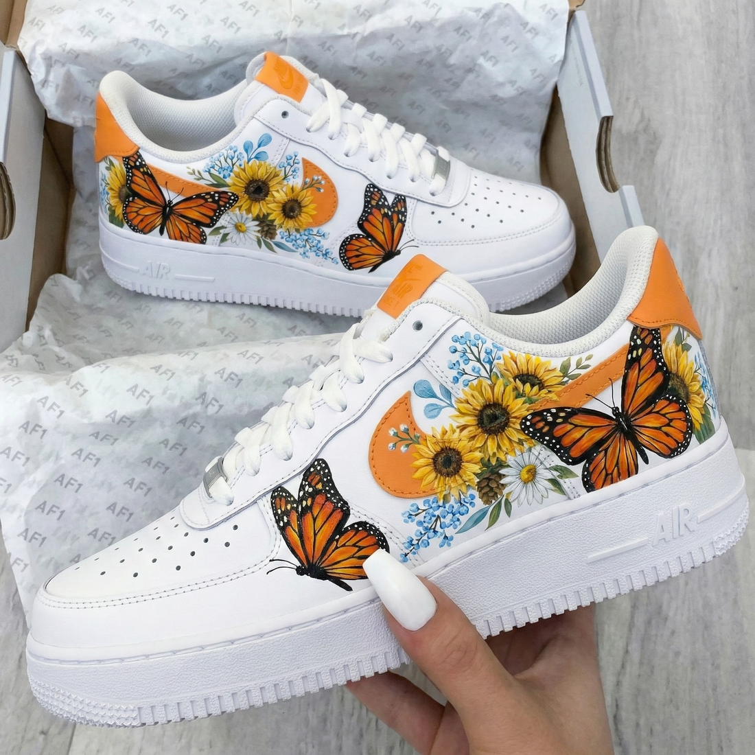 Custom AF 1s Shoes with Butterflies and Sunflowers Orange Blue
