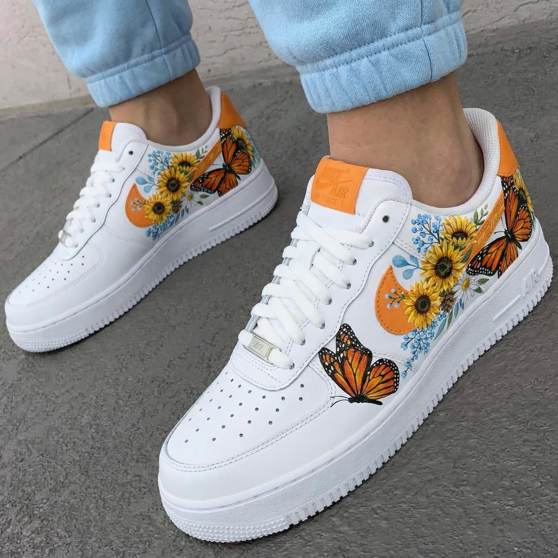 Custom AF 1s Shoes with Butterflies and Sunflowers Orange Blue