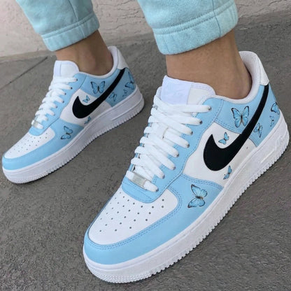 Custom AF 1s Shoes with Butterflies Baby Blue Black