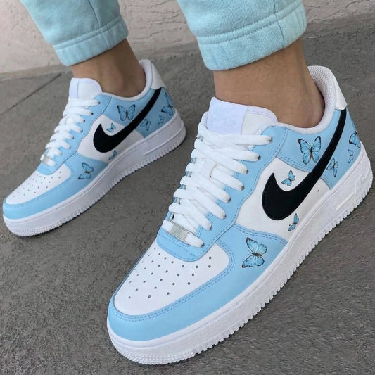 Custom AF 1s Shoes with Butterflies Baby Blue Black