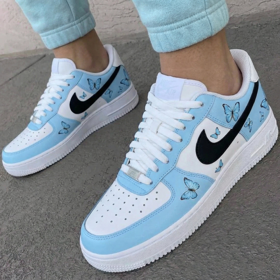 Custom AF 1s Shoes with Butterflies Baby Blue Black