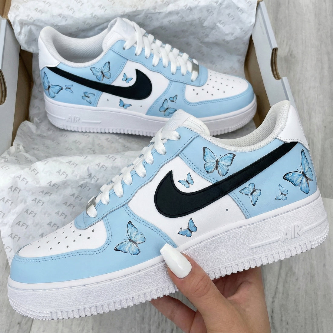 Custom AF 1s Shoes with Butterflies Baby Blue Black