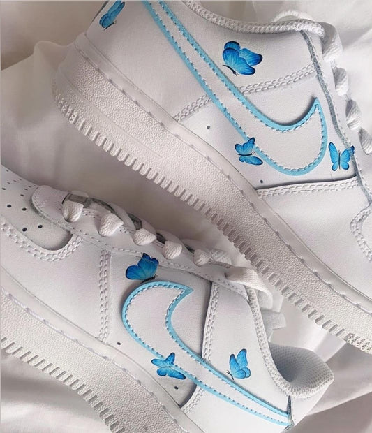 Custom AF 1s Shoes with Butterflies Baby Blue Trim