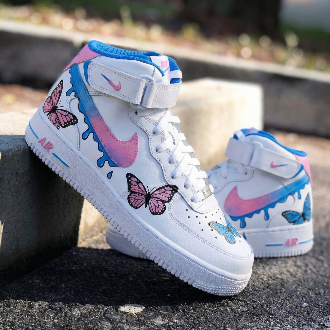Custom AF 1s Shoes with Butterflies Baby Pink and Blue