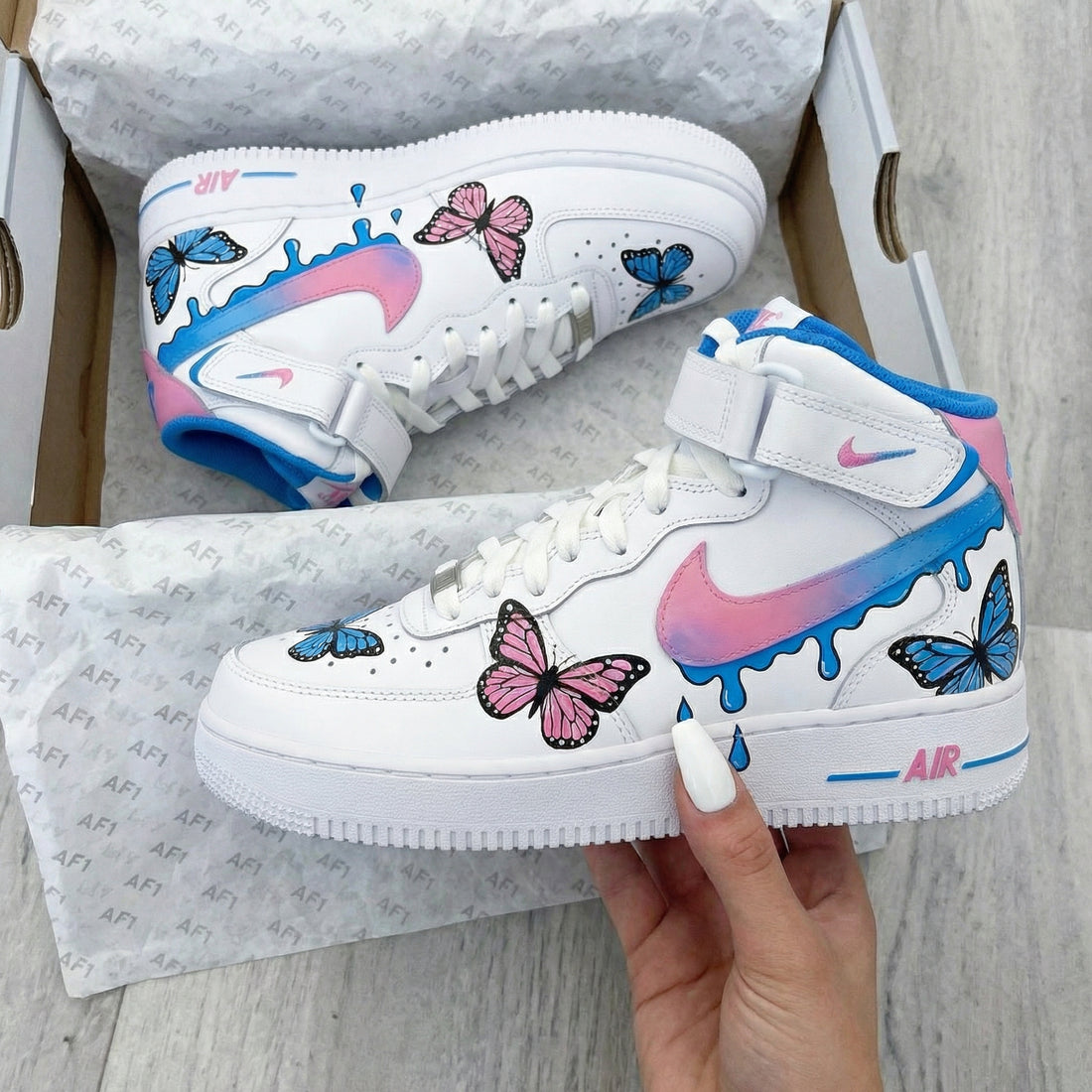 Custom AF 1s Shoes with Butterflies Baby Pink and Blue