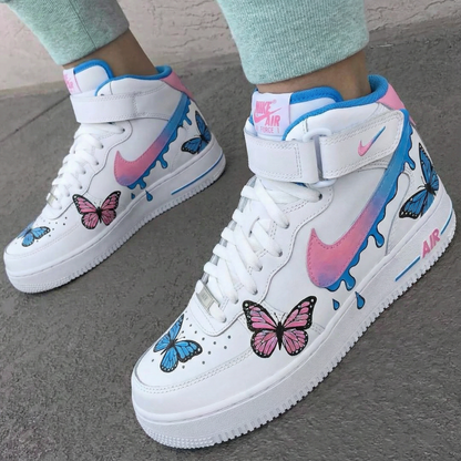 Custom AF 1s Shoes with Butterflies Baby Pink and Blue