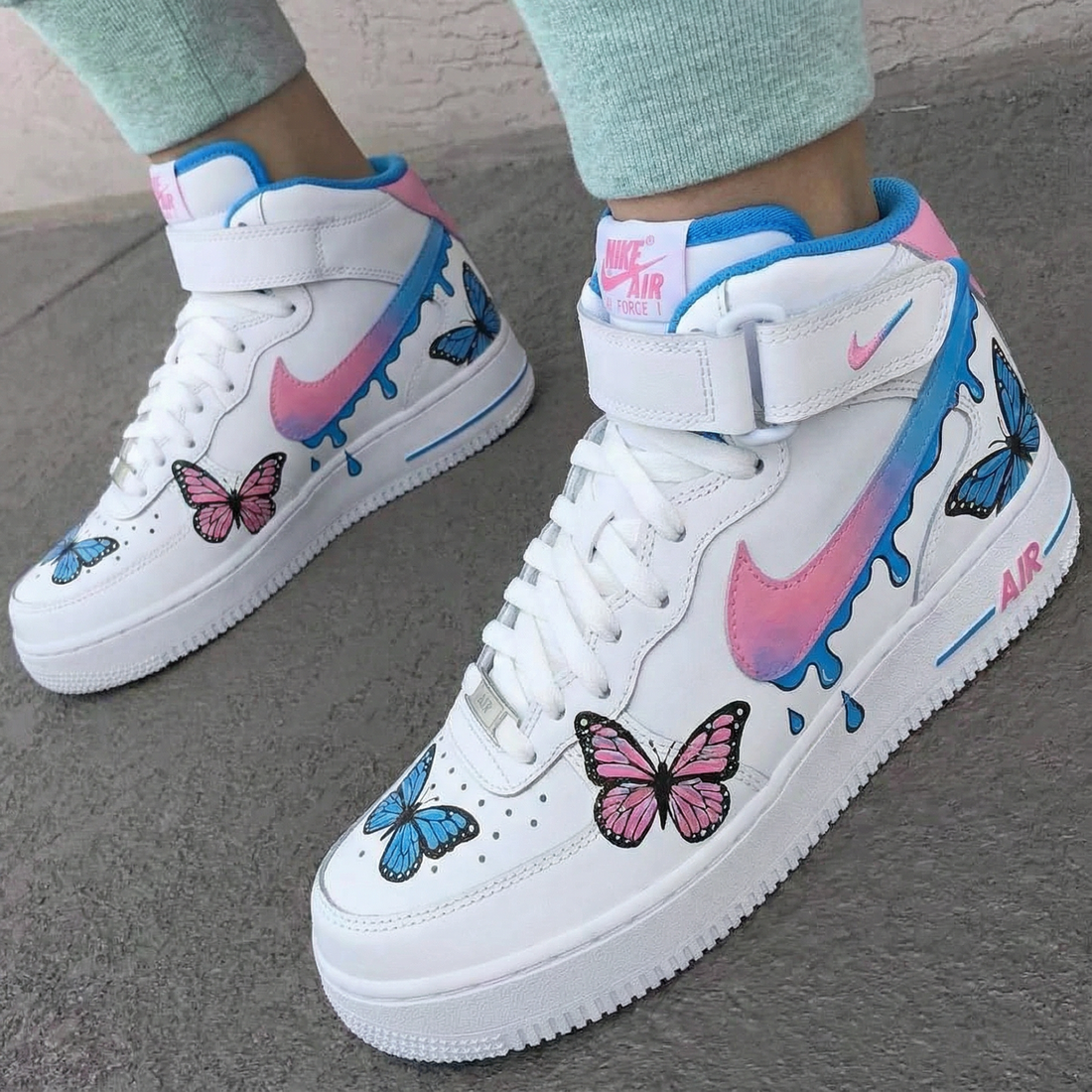 Custom AF 1s Shoes with Butterflies Baby Pink and Blue