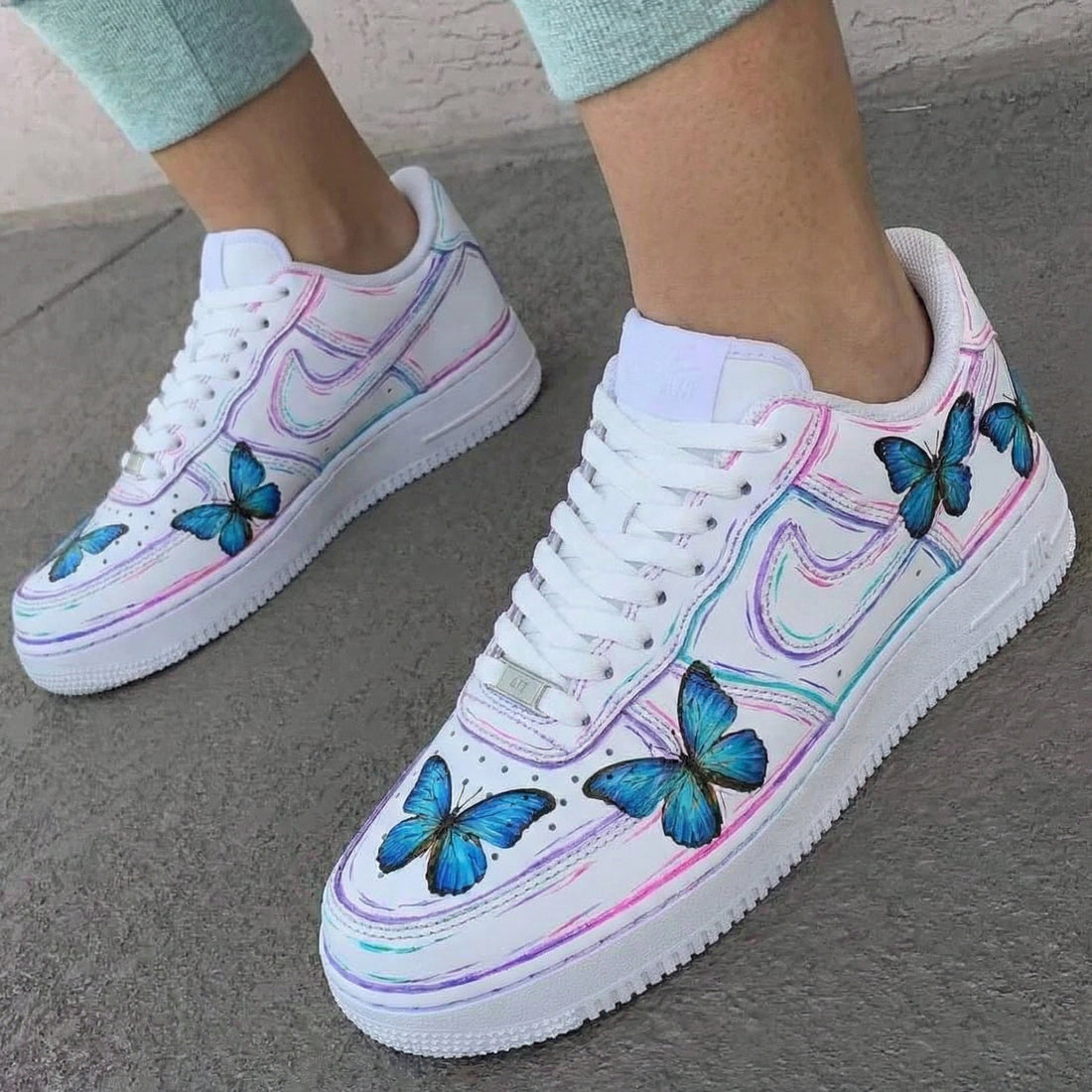 Custom AF 1s Shoes with Butterflies Baby Pink Purple Blue