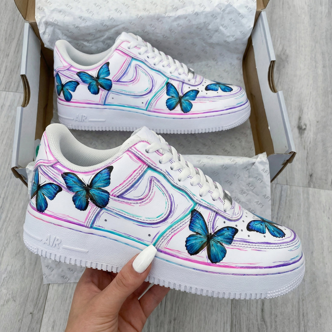 Custom AF 1s Shoes with Butterflies Baby Pink Purple Blue
