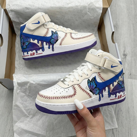 Custom AF 1s Shoes with Butterflies Baseball Stitches Blue Purple