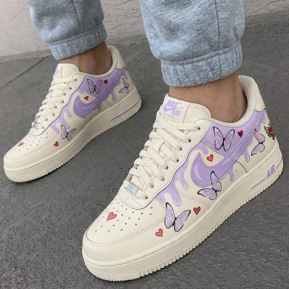 Custom AF 1s Shoes with Butterflies Hearts and Lavender Color