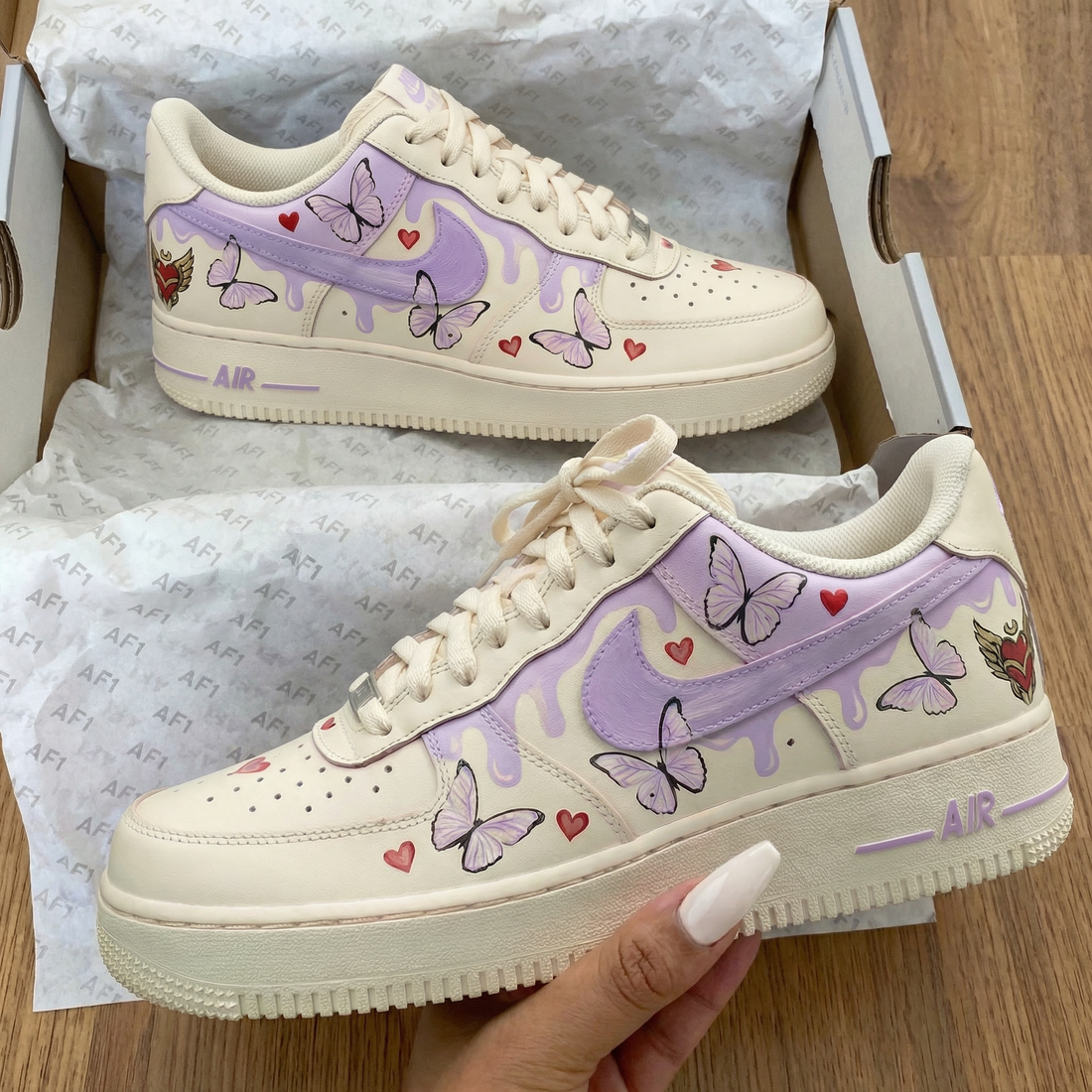 Custom AF 1s Shoes with Butterflies Hearts and Lavender Color