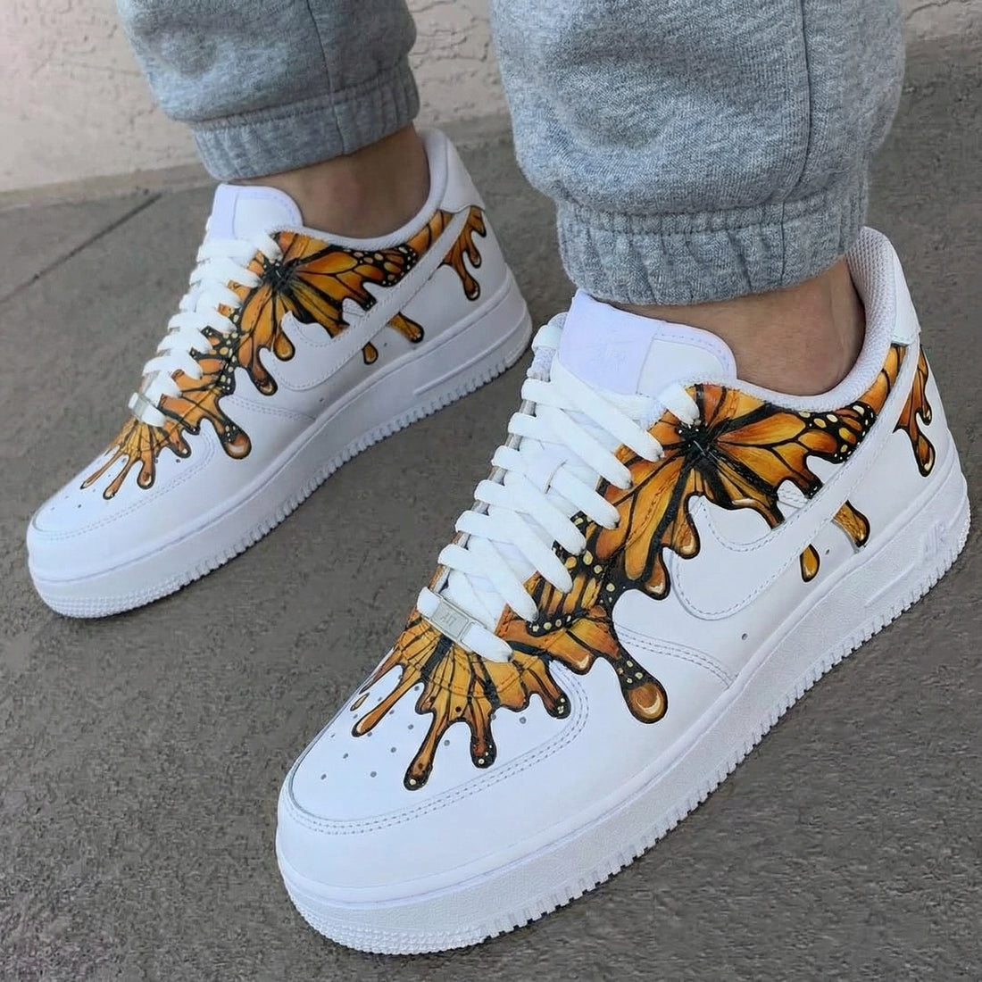 Custom AF 1s Shoes with Butterflies Orange Black