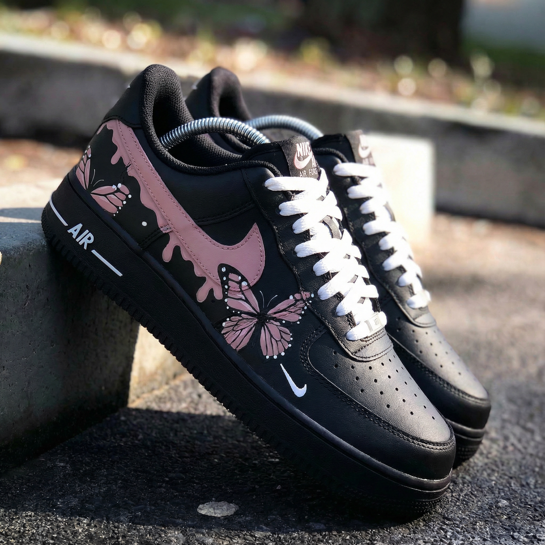 Custom AF 1s Shoes with Butterflies Pink Black
