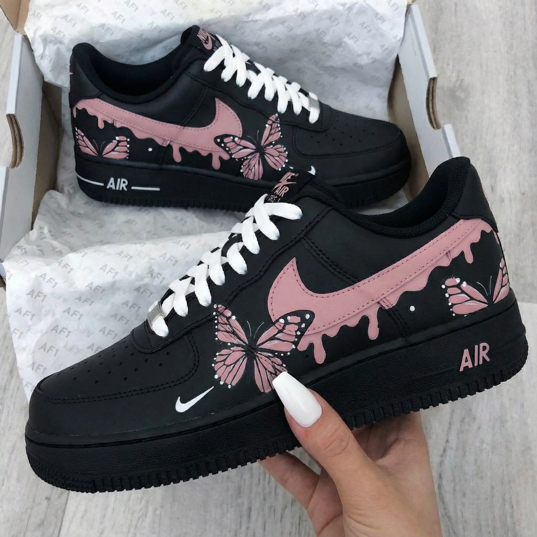 Custom AF 1s Shoes with Butterflies Pink Black