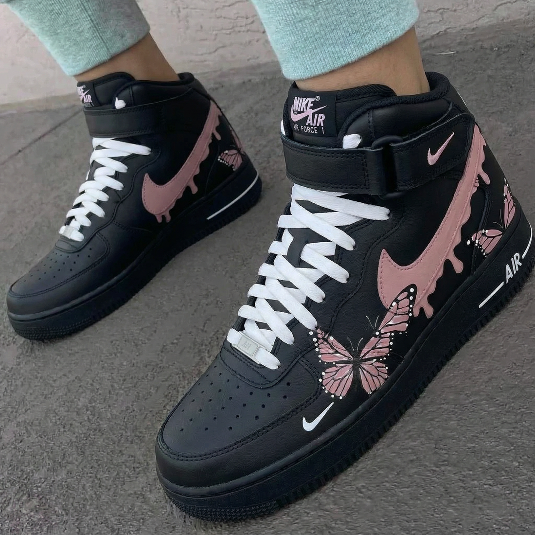 Custom AF 1s Shoes with Butterflies Pink Black