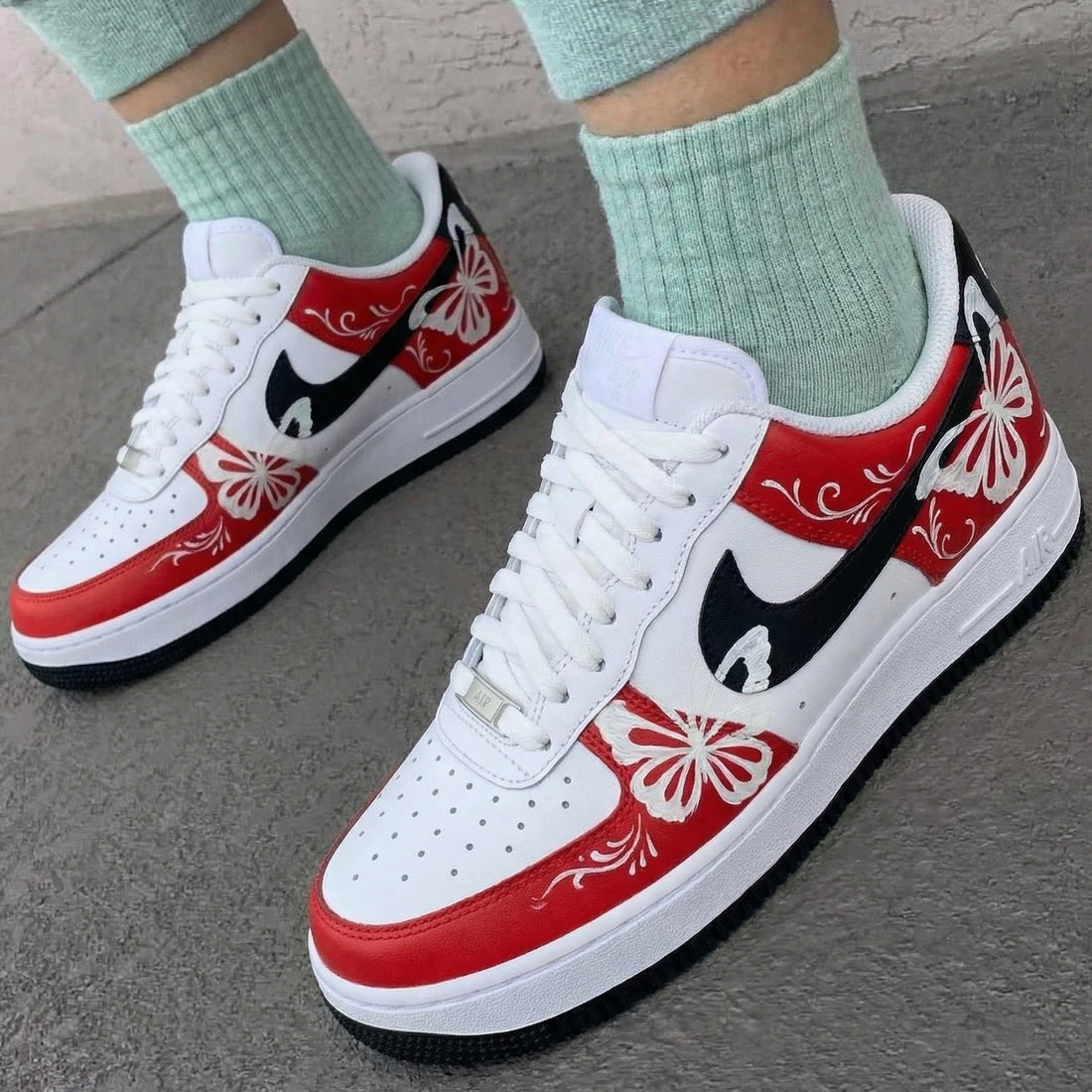 Custom AF 1s Shoes with Butterflies Red Black