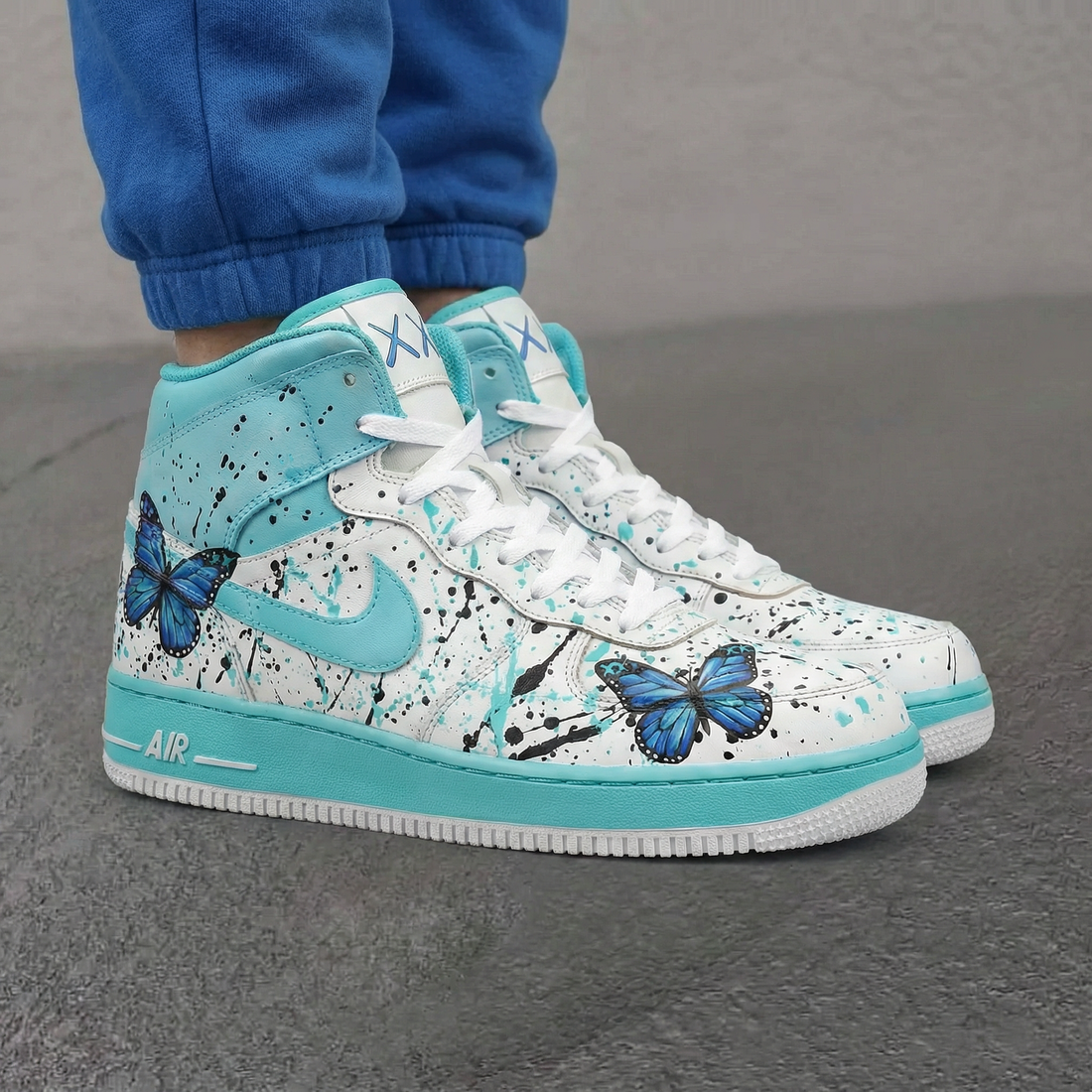 Custom AF 1s Shoes with Butterflies Turquoise Blue