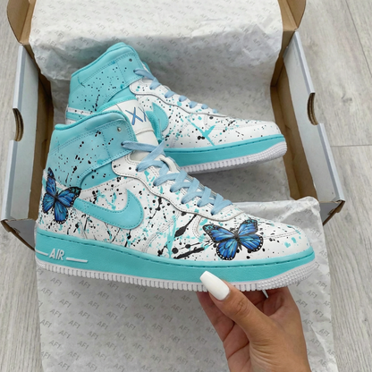 Custom AF 1s Shoes with Butterflies Turquoise Blue