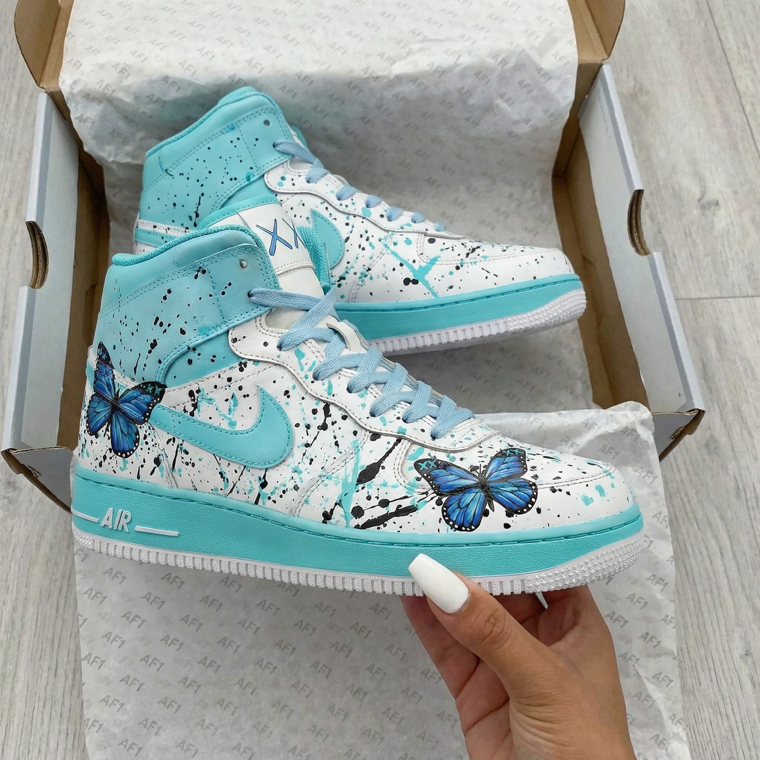 Custom AF 1s Shoes with Butterflies Turquoise Blue