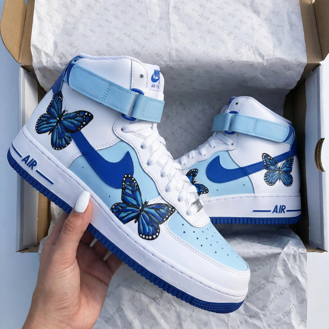 Custom AF 1s Shoes with Butterfly Design Baby Blue and Blue